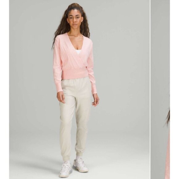Lululemon Crossover Faux Wrap Cashmere Cotton Ribbed Sweater Top Knit Pink 10 - Picture 13 of 16